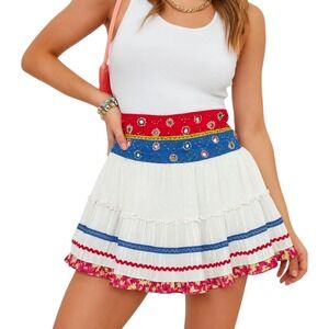 Raga Boho Mini Skirt White Colorful Embroidered Beaded Cotton Medium